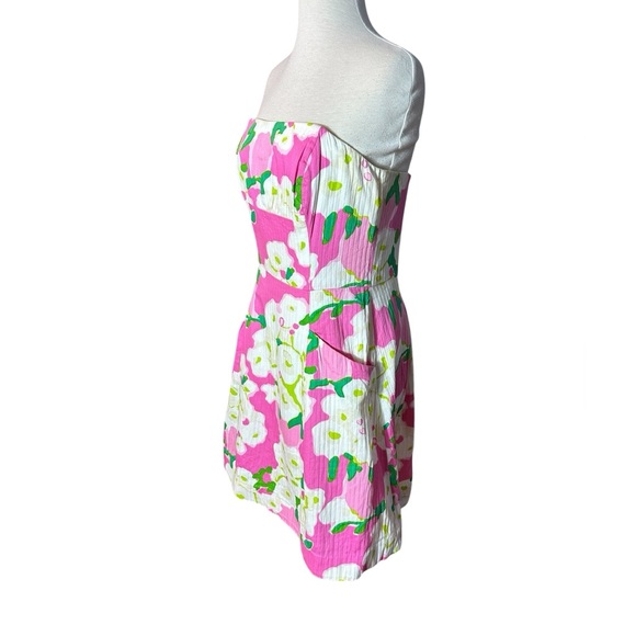 Lilly Pulitzer Strapless Floral 100% Cotton Colorful Mini Dress With Pockets - Picture 3 of 10